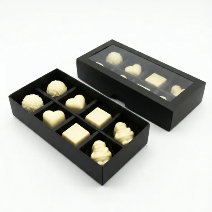 Black 8 pcs chocolate box - with white chocolate (2) Black Chocolate Box - 8 peices - Image 1