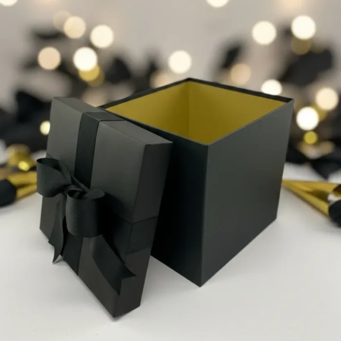 Black Gift Box with Black Ribbon Bow - 10x10x10 inch - Image 2