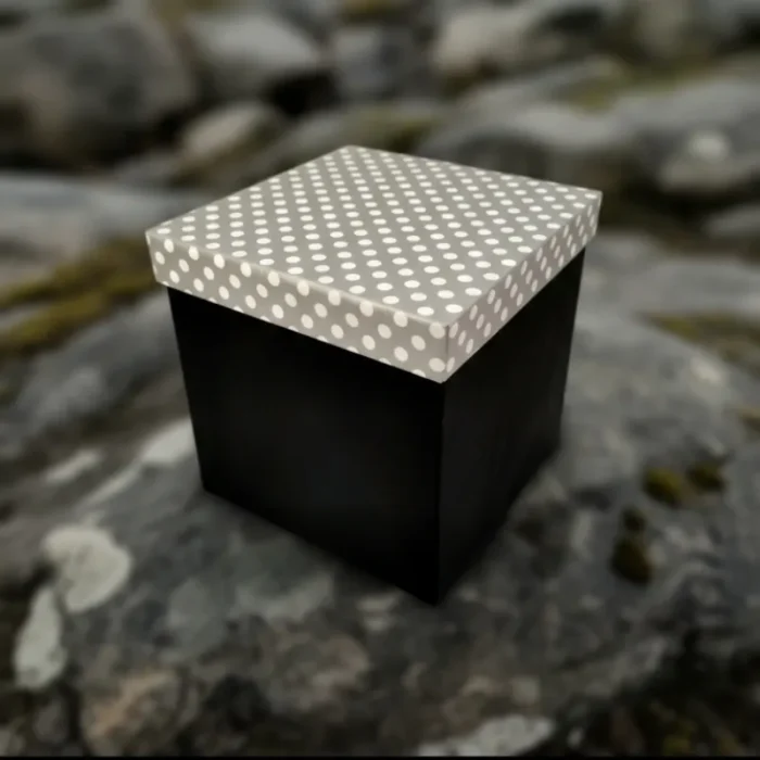 Black and Silver Gift Box with White Polka Dots - 6x6x6 Inch - Image 1