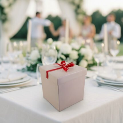 Pink Gift Box with Red Ribbon- 8x8x8 Inch
