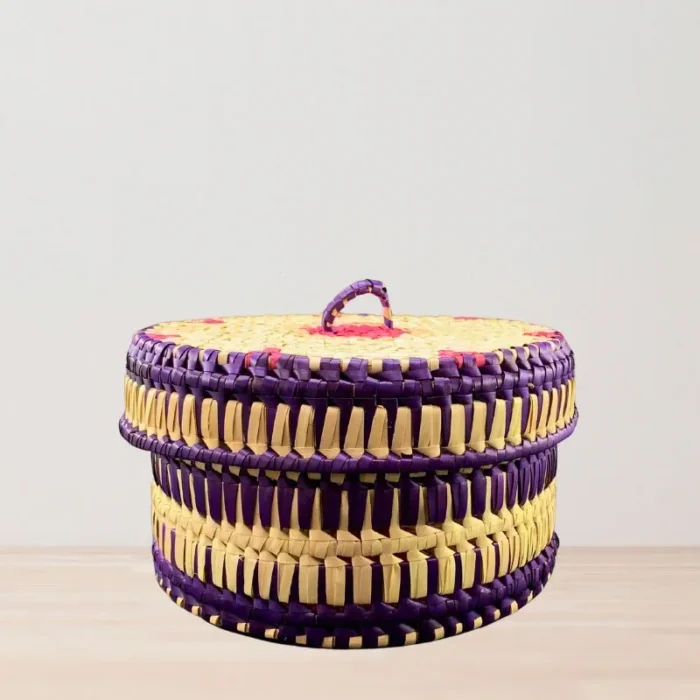 Premium Palmyra Basket with Lid - Purple & Pink 8" dia. x 5" - Image 2