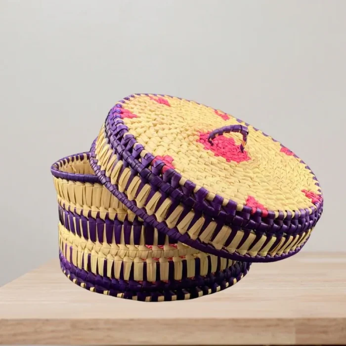 Premium Palmyra Basket with Lid - Purple & Pink 8" dia. x 5" - Image 1