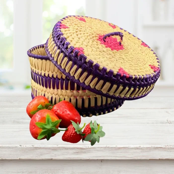 Premium Palmyra Basket with Lid - Purple & Pink 8" dia. x 5" - Image 3