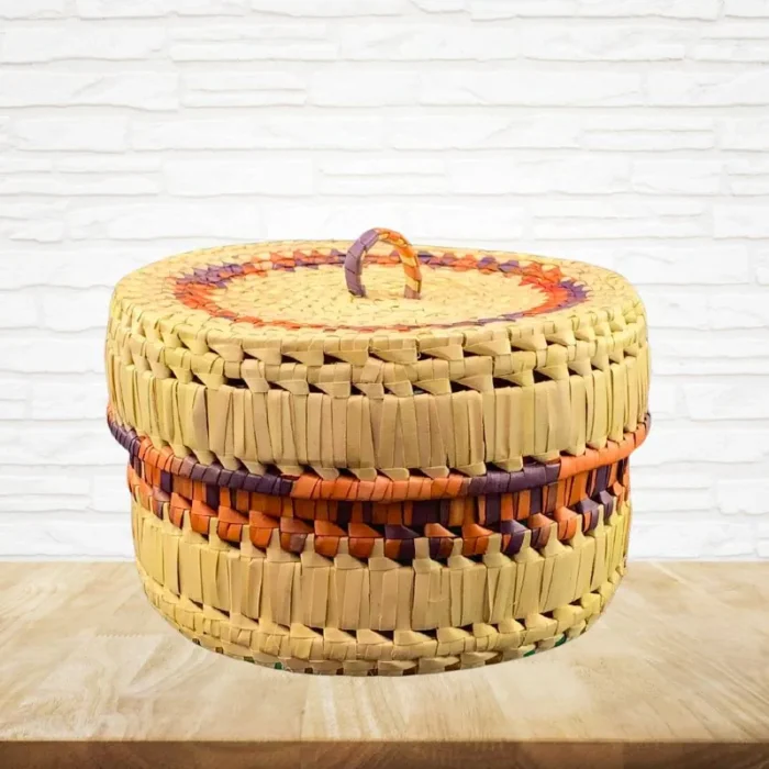 Premium Palmyra Basket with Lid - Brown & Orange 8" dia. x 5" - Image 2