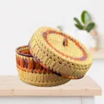 Premium Palmyra Basket with Lid - Brown & Orange 8" dia. x 5"