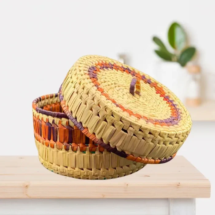 Premium Palmyra Basket with Lid - Brown & Orange 8" dia. x 5" - Image 1
