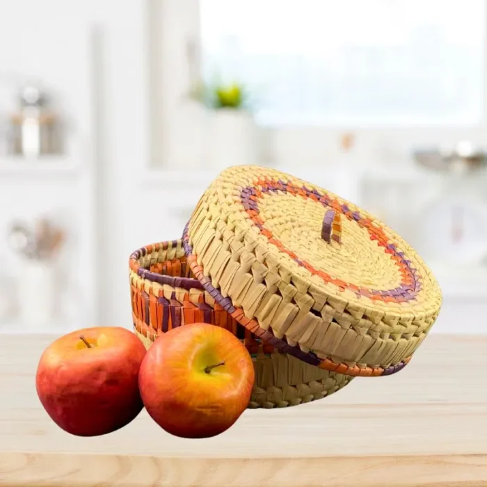 Premium Palmyra Basket with Lid - Brown & Orange 8" dia. x 5" - Image 3