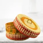 Premium Palmyra Basket with Lid - Brown & Red 8"dia. x 5"