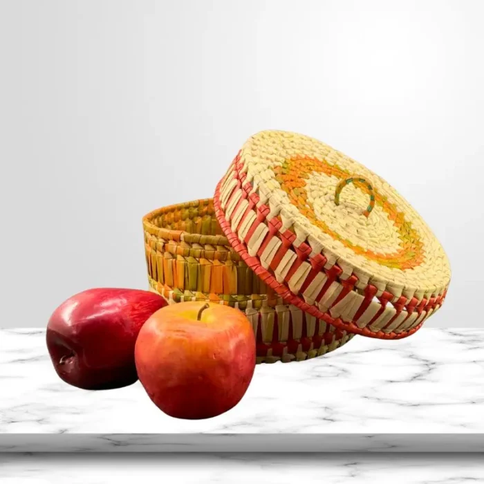 Premium Palmyra Basket with Lid - Brown & Red 8"dia. x 5" - Image 4
