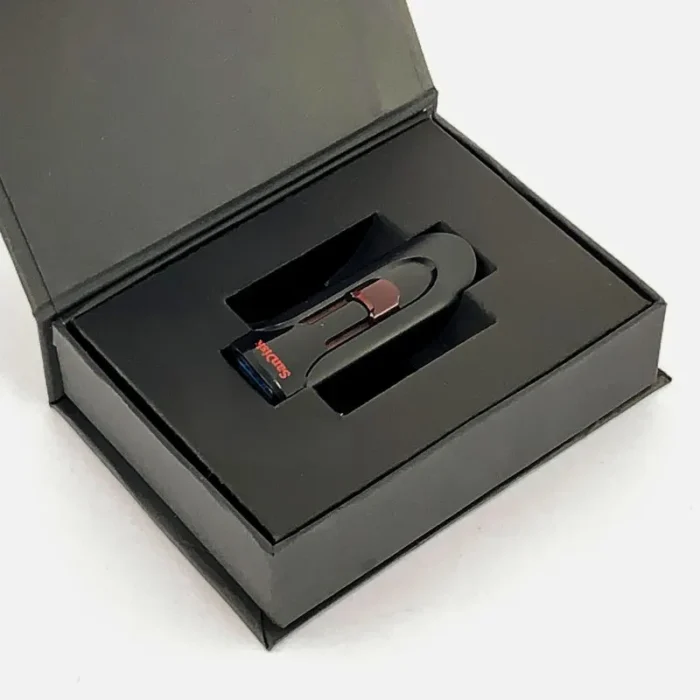 Black magnetic book-style Custom USB Drive Gift Box with custom inner