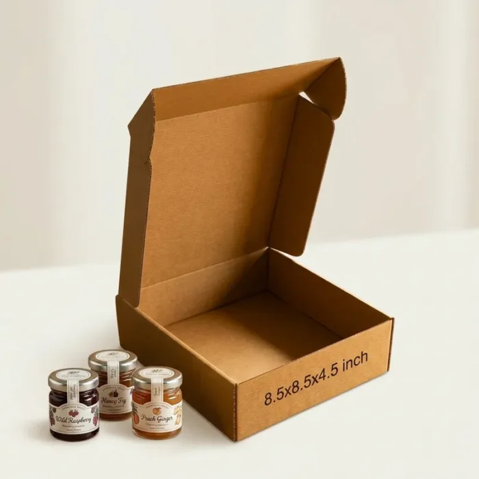 Open kraft brown 3 ply corrugated box with dimensions 8.5 by 8.5 by 4.5 inches printed on the side, ideal for secure product shipping and mailer packaging.