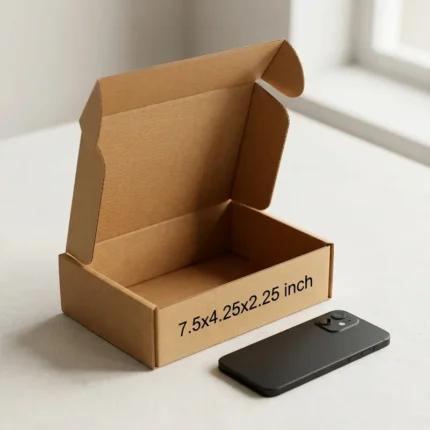 An open kraft brown 3 ply corrugated box with dimensions 7.5x4.25x2.25 inch