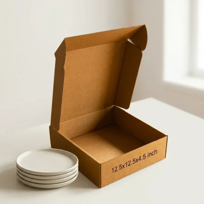 premium-3-ply-corrugated-box-12-5x12-5x4-5 An open kraft brown 3 ply corrugated box showing dimensions 12.5x12.5x4.5 inch