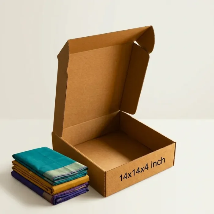 An open kraft brown 3 ply corrugated box displaying dimensions 14x14x4 inch