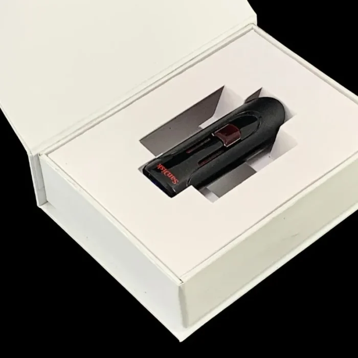 White magnetic book-style Custom USB drive Gift Box with custom inner tray insert.