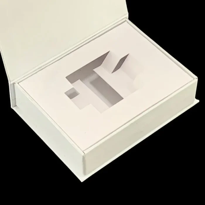 White magnetic book-style Custom USB drive Gift Box with custom inner tray insert.