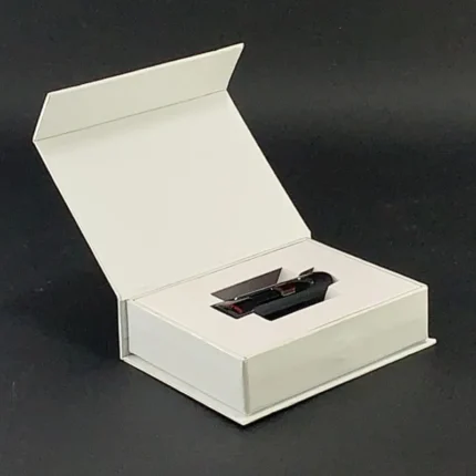 White magnetic book-style Custom USB drive Gift Box with custom inner tray insert.