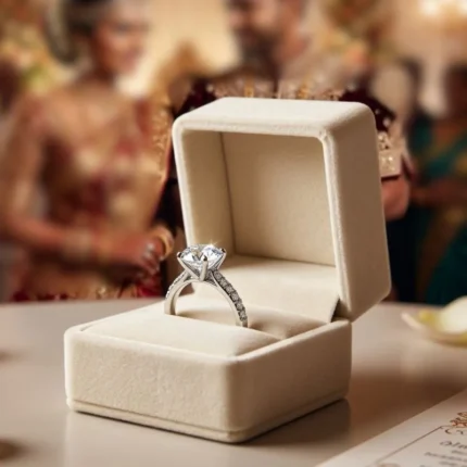Premium White Velvet Ring Box featuring a luxury engagement ring on a wedding-themed background.