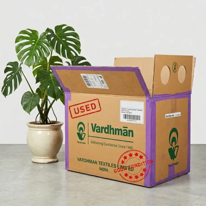 A large brown used corrugated boxes unit with industrial branding and purple tape accents