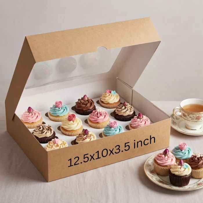 brown kraft paper cup cake box with an inside white 12-slot holder insert and clear viewing window, sized 12.5x10x3.5 inches.