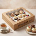 brown kraft paper cup cake box with an inside white 12-slot holder insert and clear viewing window, sized 12.5x10x3.5 inches.