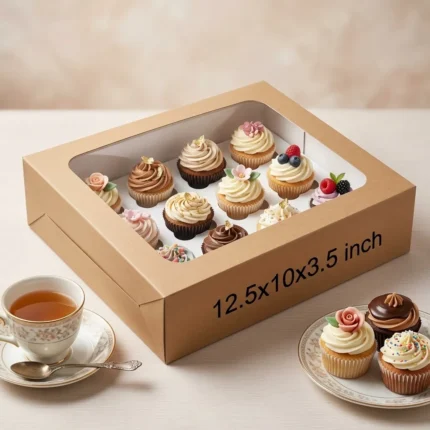 brown kraft paper cup cake box with an inside white 12-slot holder insert and clear viewing window, sized 12.5x10x3.5 inches.
