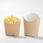 brown kraft paper french fry holder scoop cups with white inner lining, one empty and one filled with hot french fries.