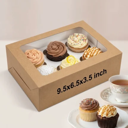 brown kraft paper cup cake box with an inside white 6-slot holder insert and clear viewing window, sized 9.5x6.5x3.5 inches.