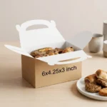 brown kraft paper carry box with a built-in gable handle and secure locking tabs, sized 6x4.25x3 inches.