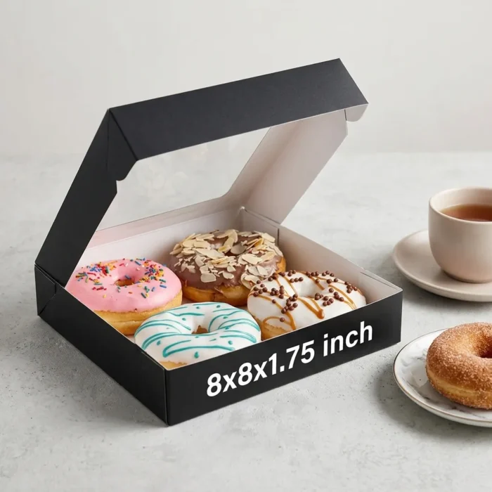 8x8x1.75-black-cardboard-donut-box black cardboard donut box with an inside white lining and clear top window, sized 8x8x1.75 inches.