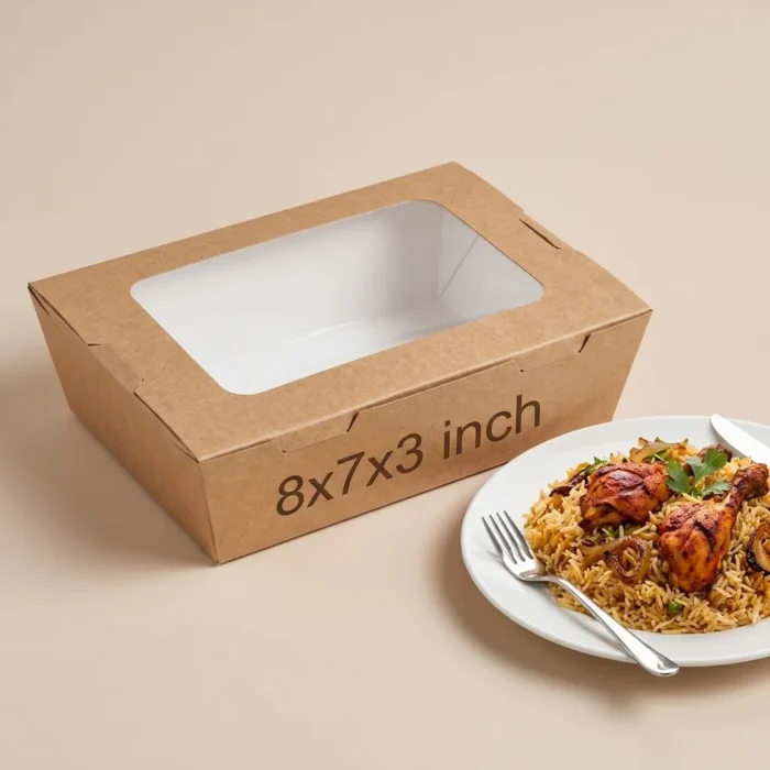 leakproof-window-lunch-box-10pack-8x7x3 kraft paper lunch box with an inside white gloss laminate lining and clear top window, sized 8x7x3 inches.
