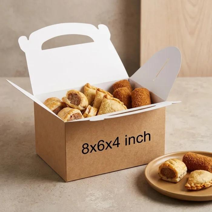 brown kraft paper carry box with a built-in gable handle and secure locking tabs, sized 8x6x4 inches.