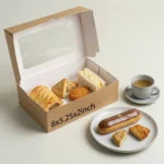 brown kraft paperboard short eats box with a white inner lining and clear top window