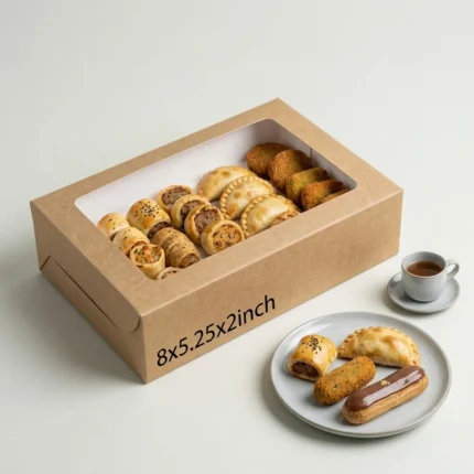 brown kraft paperboard short eats box with a white inner lining and clear top window