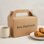 brown kraft paper carry box with a built-in gable handle and secure locking tabs, sized 6x4.25x3 inches.