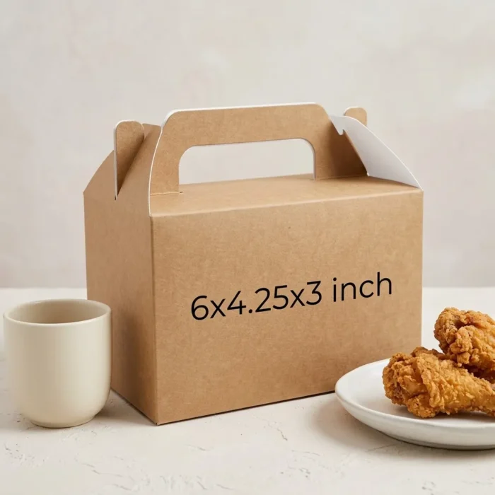 brown kraft paper carry box with a built-in gable handle and secure locking tabs, sized 6x4.25x3 inches.