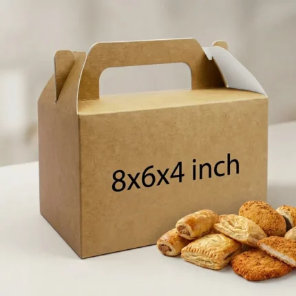 brown kraft paper carry box with a built-in gable handle and secure locking tabs, sized 8x6x4 inches.
