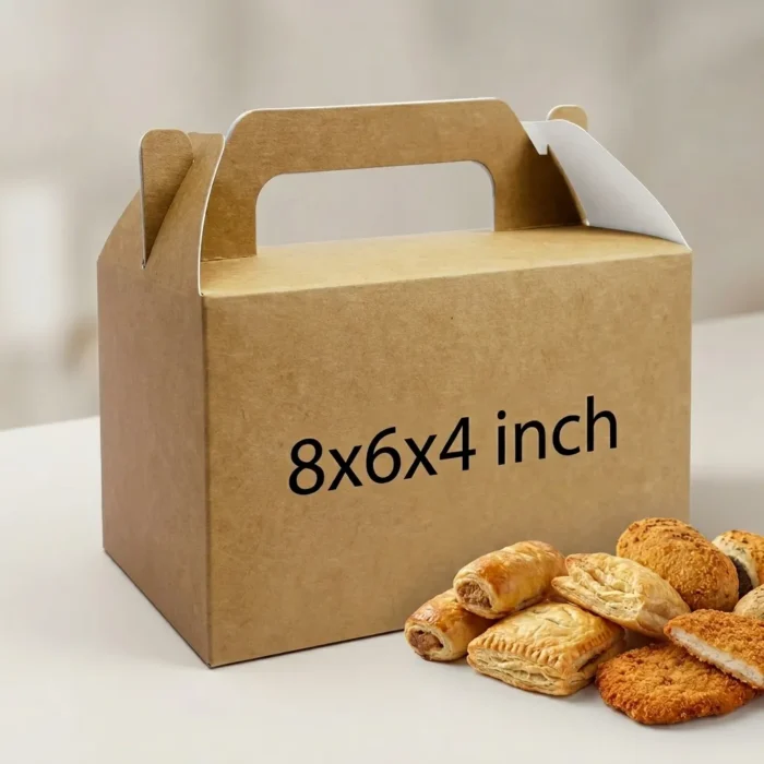 brown kraft paper carry box with a built-in gable handle and secure locking tabs, sized 8x6x4 inches.