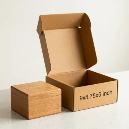 An open kraft brown 3 ply corrugated box displaying dimensions 9x8.75x5 inch