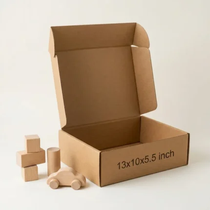 n open kraft brown 3 ply corrugated box displaying dimensions 13x10x5.5 inch