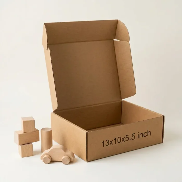 premium-3-ply-corrugated-box-13x10-5-5 n open kraft brown 3 ply corrugated box displaying dimensions 13x10x5.5 inch
