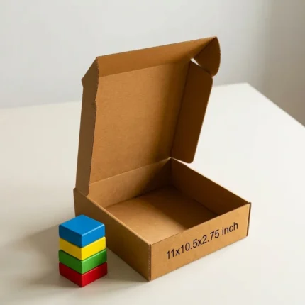 An open kraft brown 3 ply corrugated box displaying dimensions 11x10.5x2.75 inch