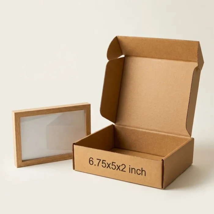 An open kraft brown 3 ply corrugated box displaying dimensions 6.75x5x2 inch