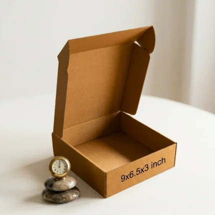 An open kraft brown 3 ply corrugated box displaying dimensions 9x6.5x3 inch