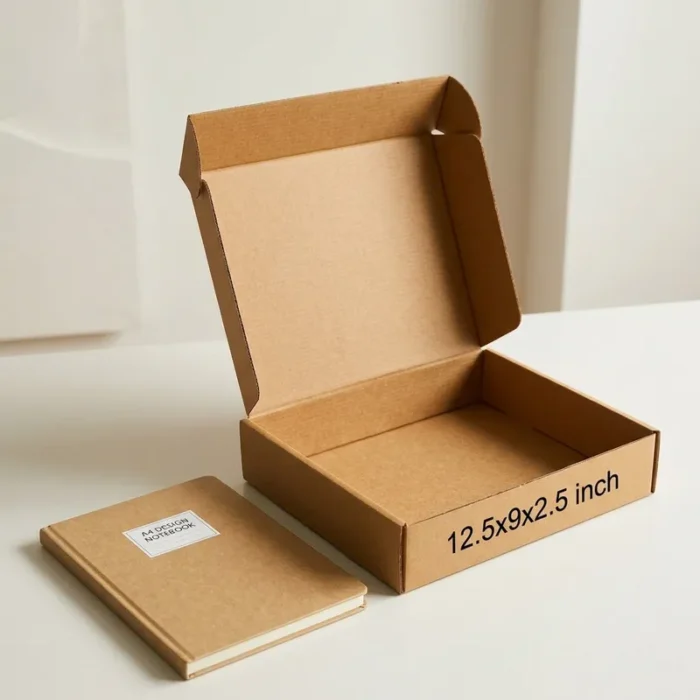 premium-3-ply-corrugated-box-12-5x9-2-5 An open kraft brown 3 ply corrugated box displaying dimensions 12.5x9x2.5 inch