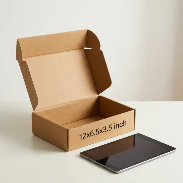 An open kraft brown 3 ply corrugated box displaying dimensions 12x6.5x3.5 inch