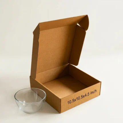 An open kraft brown 3 ply corrugated box displaying dimensions 10.5x10.5x4.5 inch