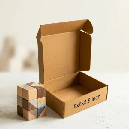 An open kraft brown 3 ply corrugated box displaying dimensions 8x6x2.5 inch