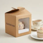 single brown kraft paper cup cake box with an inside white holder insert and clear viewing window, sized 3.5x3.5x3.5 inches.