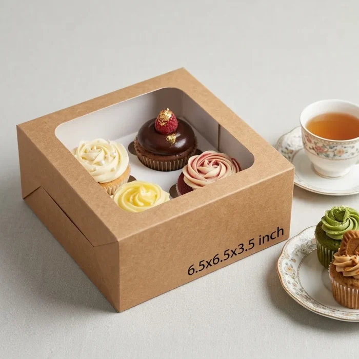 6.5x6.5x3.5-kraft-window-4-cup-cake-box brown kraft paper cup cake box with an inside white 4-slot holder insert and clear viewing window, sized 6.5x6.5x3.5 inches.